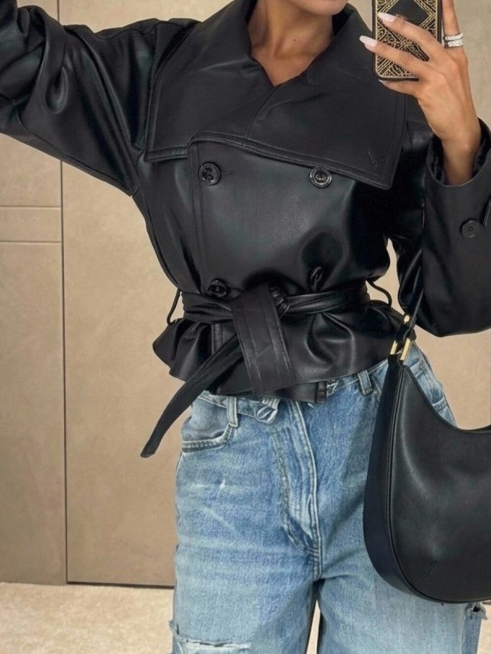 Black Casual Women's Double-Breasted Long Sleeve Streetwear Jacket